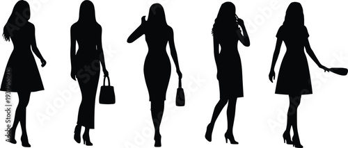 Elegant women silhouettes collection featuring fashionable female figures walking with handbags and stylish poses black vector set isolated for fashion design