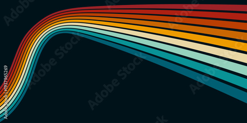 Abstract colorful 70s background vector. Vintage retro wallpaper with rainbow stripes and wavy lines. A 1970 color illustration suitable for posters, banners, decorative items and wall art.