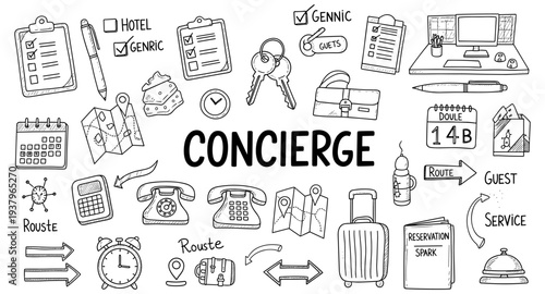 Concierge services and hotel amenities doodle illustration with icons and text