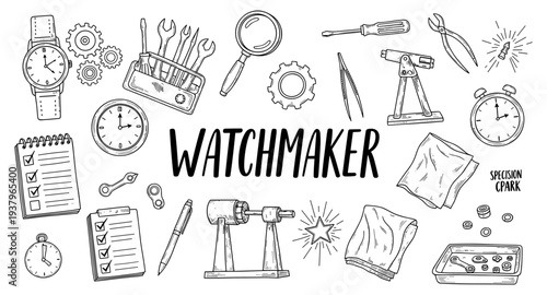 Watchmaker tools and equipment illustration for precision timekeeping and repair