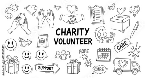 Charity volunteer concept with icons for giving, support, and community engagement