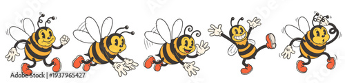 Vintage honey bee mascot character in retro rubber hose cartoon style for summer garden concepts