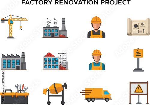 Factory renovation project with icons crane building worker blueprint toolbox concrete mixer truck sign