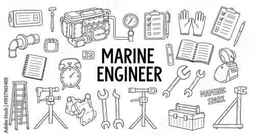 Marine engineer's essential tools and equipment collection, hand-drawn style