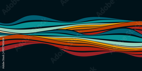 Abstract background of rainbow groovy Wavy Line design in 1970s Hippie Retro style. Vector pattern ready to use for cloth, textile, wrap and other.