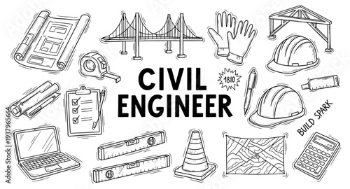 Civil engineering tools and symbols for construction and planning projects