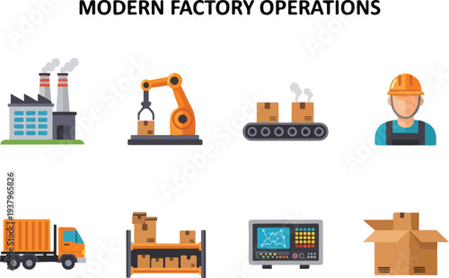 Illustrations showing a factory robot arm conveyor worker truck shelves screen and box
