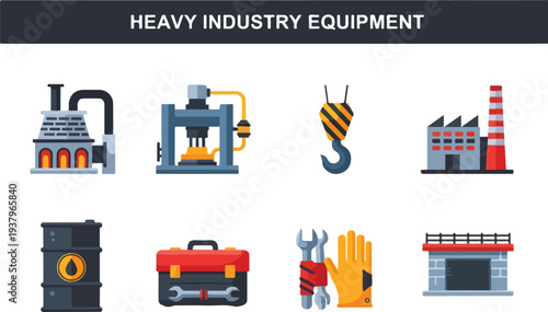 Eight flatstyle icons of heavy industry equipment They include a furnace a press a hook and a factory