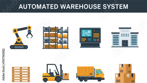 Automated warehouse diagram Features robot shelving control panel building pallets forklift truck and boxes
