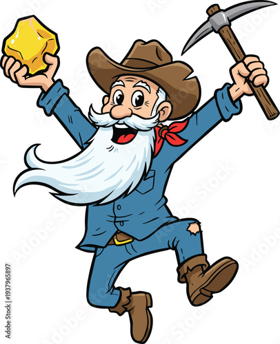 Cartoon gold miner holding gold nugget and pickaxe illustration, happy prospector character in cowboy hat celebrating mining discovery