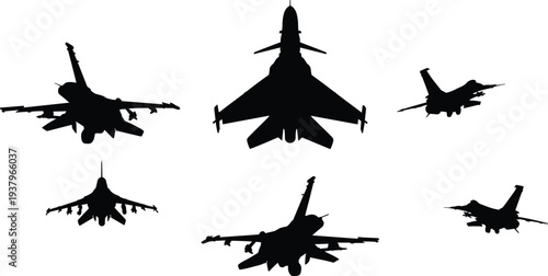 Fighter jet aircraft silhouette set with modern military combat planes from different angles, aviation defense technology vector illustration collection