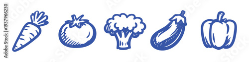 Hand-sketched blue vegetable icon set featuring carrot, tomato, broccoli, eggplant, and bell pepper. Minimalist line art for healthy food design.