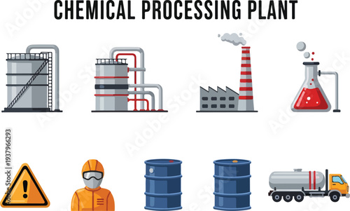 Illustration of a chemical processing plant featuring structures equipment and warnings