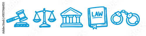 Blue hand-drawn legal icons set including gavel, scales of justice, courthouse, law book, and handcuffs. Simple sketch style on white background.