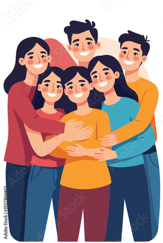 amici e amiche che si abbracciano che si vogliono bene festa compleanno anniversario o uscita tra persone amichevoli vettoriale