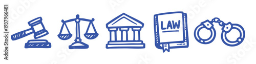 Blue hand-drawn law and justice icons set including gavel, scales, courthouse, law book, and handcuffs isolated on white background.