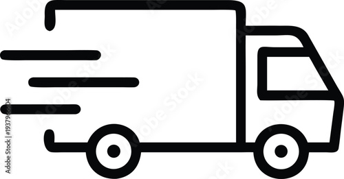 A simple black and white illustration of a moving truck in motion