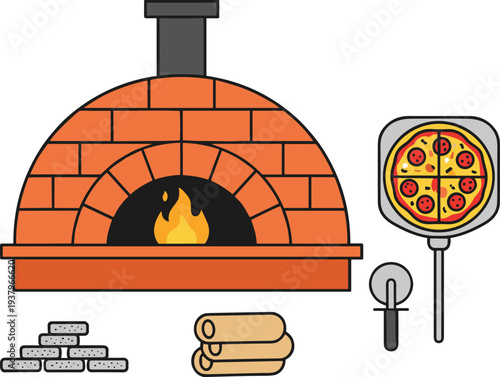 Wood fired brick pizza oven vector illustration with pizza peel, cutter, firewood and baked pizza, flat pizzeria cooking concept