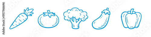 Hand-drawn blue line art icons of various vegetables including carrot, tomato, broccoli, eggplant, and bell pepper on a white background.