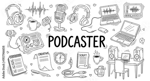 Doodle illustration of podcasting equipment and creative process elements