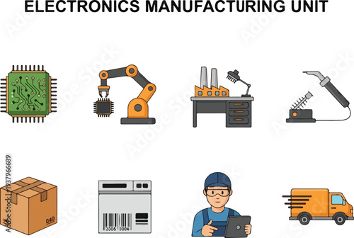 A depiction of electronics manufacturing It shows various components a robotic arm a worker and a delivery truck