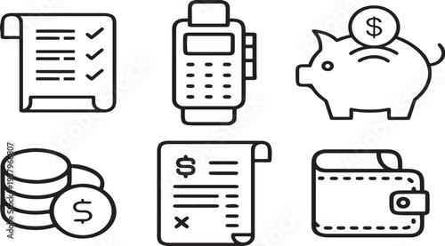 Finance and Payment Line Icons Set – Receipt, POS Terminal, Piggy Bank, Coins, Invoice, Wallet