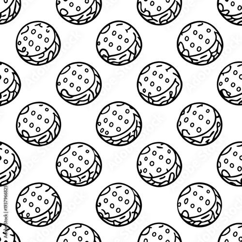 Seamless repeating meatball pattern, simple line art style, evenly spaced, black and white vector, isolated elements..
