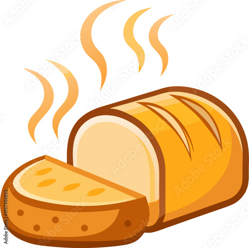 Full loaf with one slice slightly pulled out. Optional steam lines to show it’s freshly baked.. white background