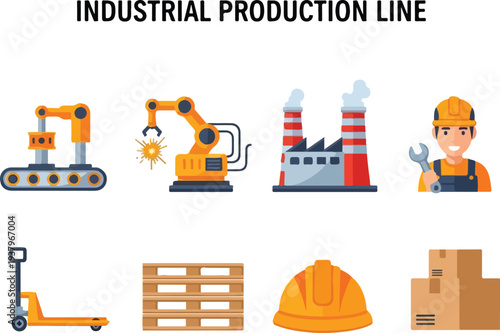 Industrial production line illustration featuring machinery factory workers and related equipment