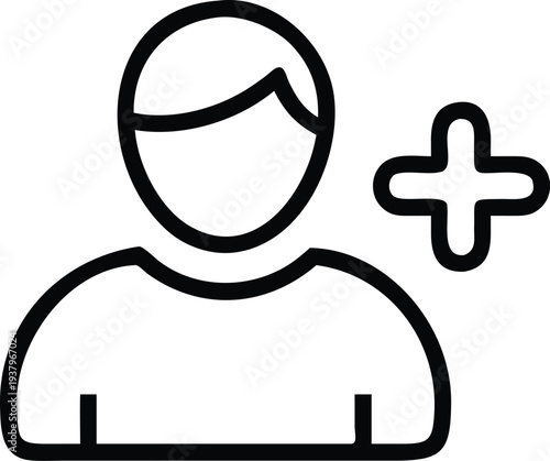 A simple black and white icon of a person with a plus sign