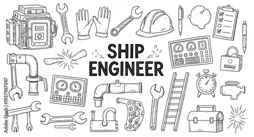 Ship engineer's tools and equipment illustration with text