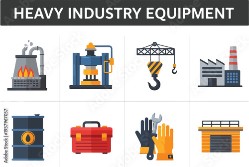 Icons depicting heavy industry equipment including a furnace press crane factory barrel toolbox gloves and a garage