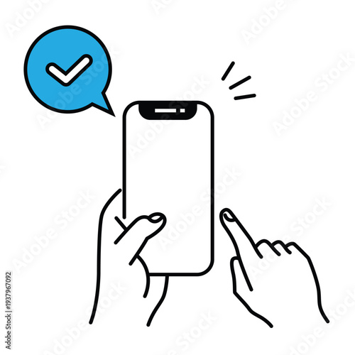 Hand holding smartphone with checkmark approval concept vector illustration flat design