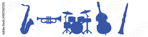 Blue silhouettes of jazz band instruments including saxophone, trumpet, drum kit, double bass, and clarinet on a white background.