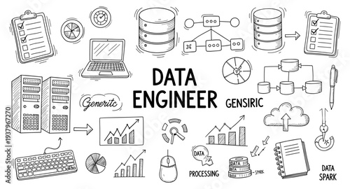 Data engineer concept with hand-drawn icons representing technology and analytics
