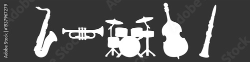Set of white musical instrument silhouettes including saxophone, trumpet, drums, double bass, and clarinet on a dark background.