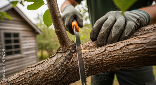 Gardener pruning tree branch with hand saw near wooden house — landscape maintenance, property cleanup and arborist service for small business and branding content