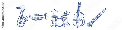 Hand-drawn blue line art illustrations of jazz musical instruments including saxophone, trumpet, drums, double bass, and clarinet on white.