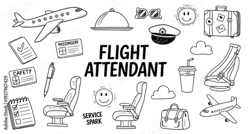 Flight attendant doodle collection with airplane, seats, and travel essentials