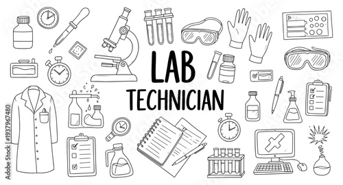 Lab technician career icons and symbols, a collection of scientific research equipment and tools
