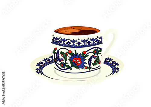 Turkish Coffee Cup with Ottoman Floral Pattern – Traditional Ceramic Cup Vector Illustration