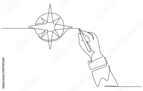 Continuous one line drawing of Hand of businessperson holding pen to draw compass, symbolizing business direction, single line art.