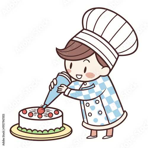 Cartoon chef decorating cake with icing and cherries vector