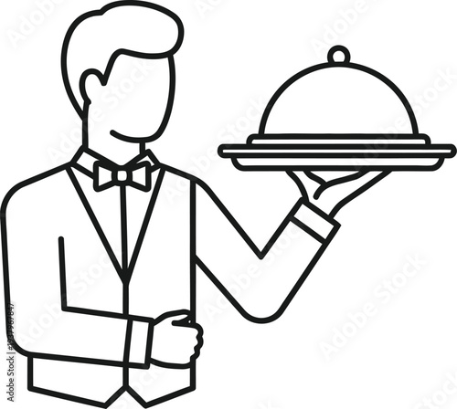 Vector illustration of waiter holding covered serving dish