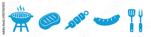 Blue BBQ icon set featuring a grill, steak, kebab, sausage, and utensils. Perfect for summer cookout designs, menus, and invitations.