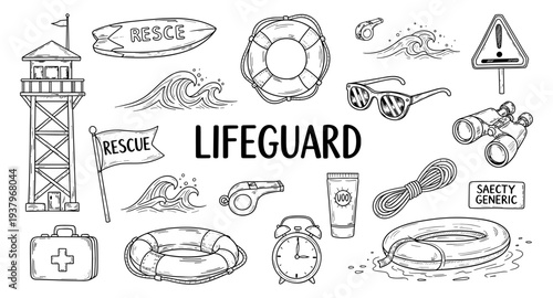 Lifeguard equipment and symbols for beach safety and rescue operations