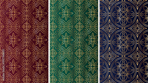 Luxury Gold Geometric Seamless Patterns on Dark Burgundy Green and Blue Backgrounds