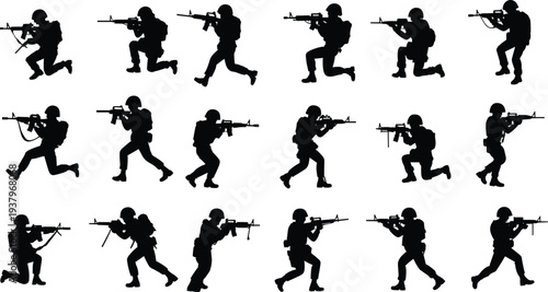 Military soldier combat silhouettes collection featuring armed army troops with rifles tactical shooting positions black vector set isolated for defense war design