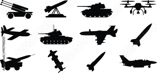 Military weapons silhouettes collection featuring tanks fighter jets missiles rocket launcher drone and armored vehicles black vector set isolated for defense army design