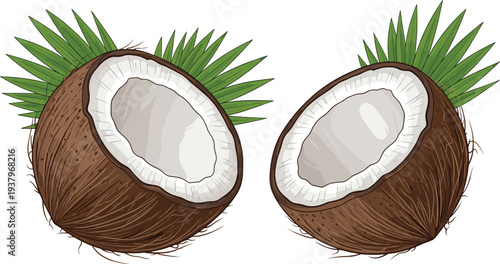 Fresh tropical coconut halves with green palm leaves, detailed natural organic fruit illustration isolated, summer exotic food vector design